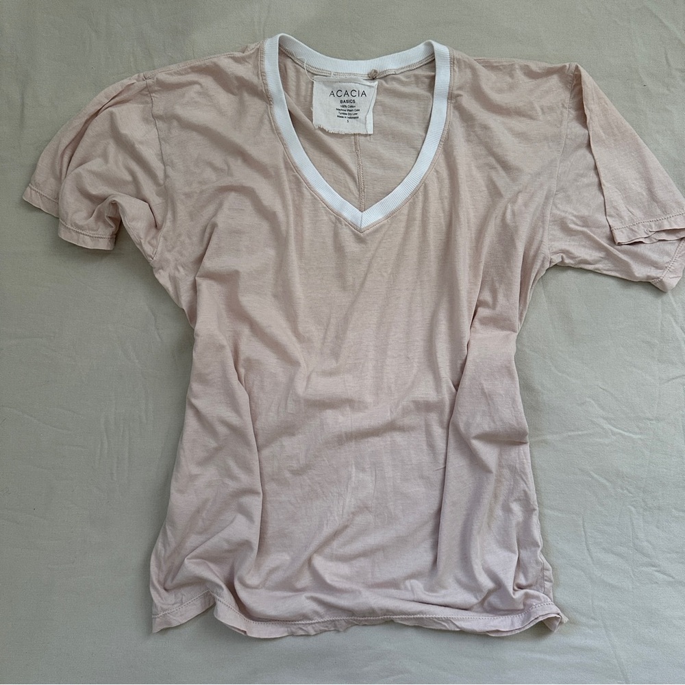 acacia swimwear Blush Pink V-Neck Short Sleeve Tee with White Trim
